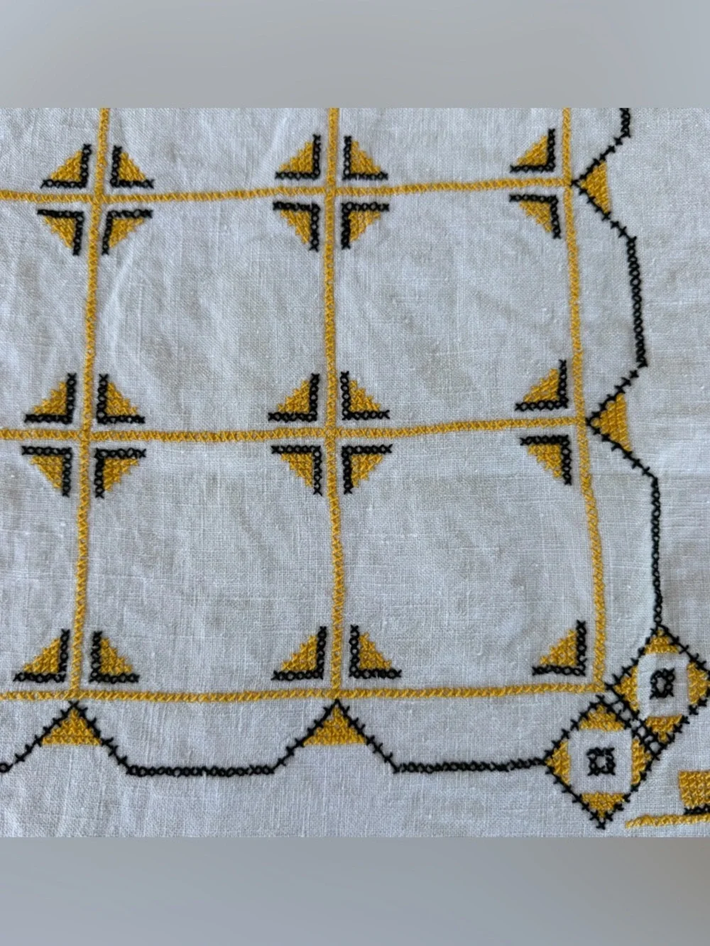 VTG Traditional Geometric Folk Cross Stitch Linen Tablecloth Black Yellow 47x64
